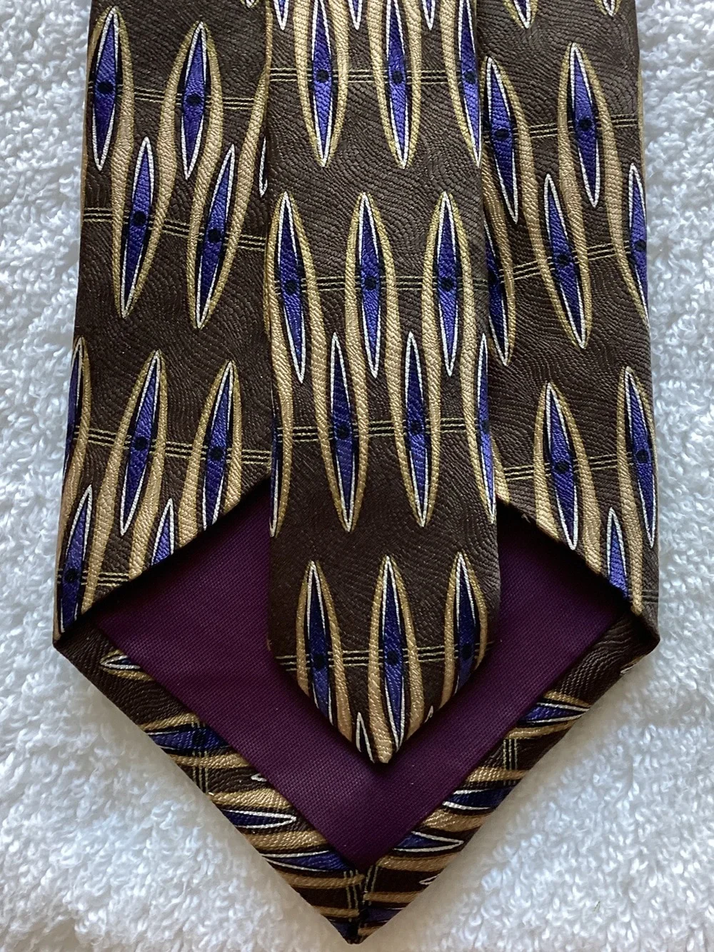 Brown Silk Tie with Blue and Gold Geometric Motif